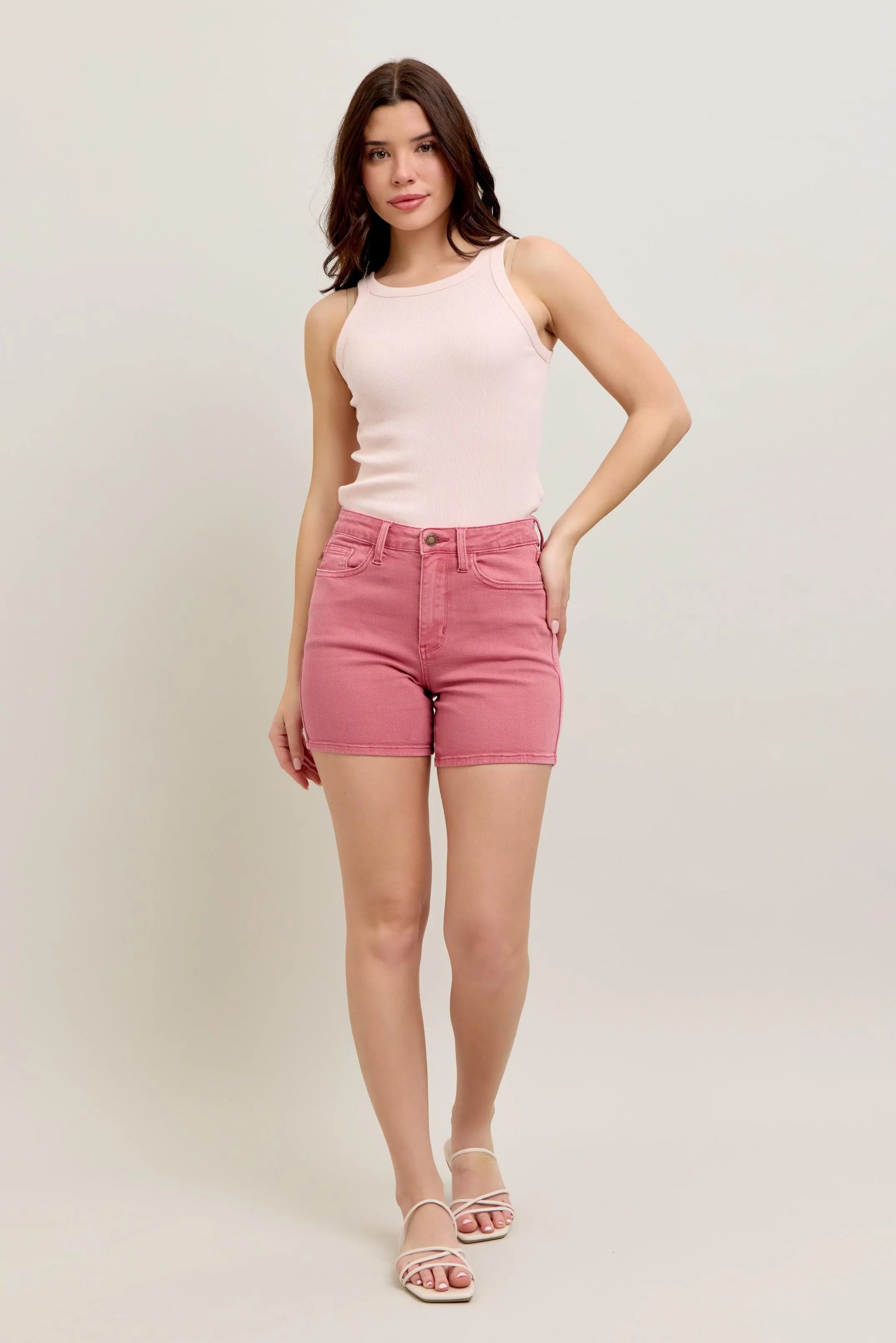 Judy Blue Pink Back High Waist Pocket Embroidery Shorts