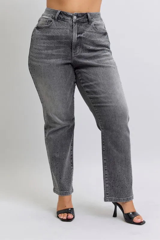 Judy Blue Women's High Waist Rhinestone Straight Jeans Plus Size