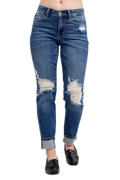 Judy Blue Women's Mid Rise Boyfriend destroy Jeans with Yoke Pockets Plus Size