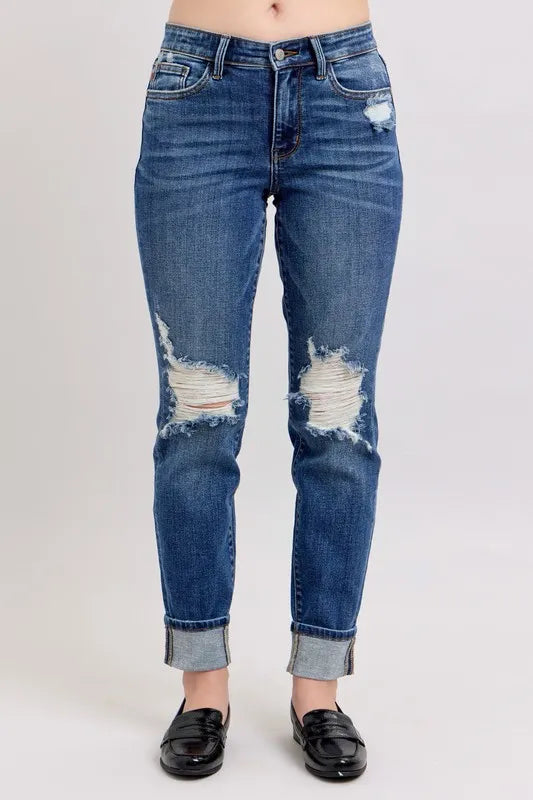 Judy Blue Women's Mid Rise Boyfriend destroy Jeans with Yoke Pockets Plus Size