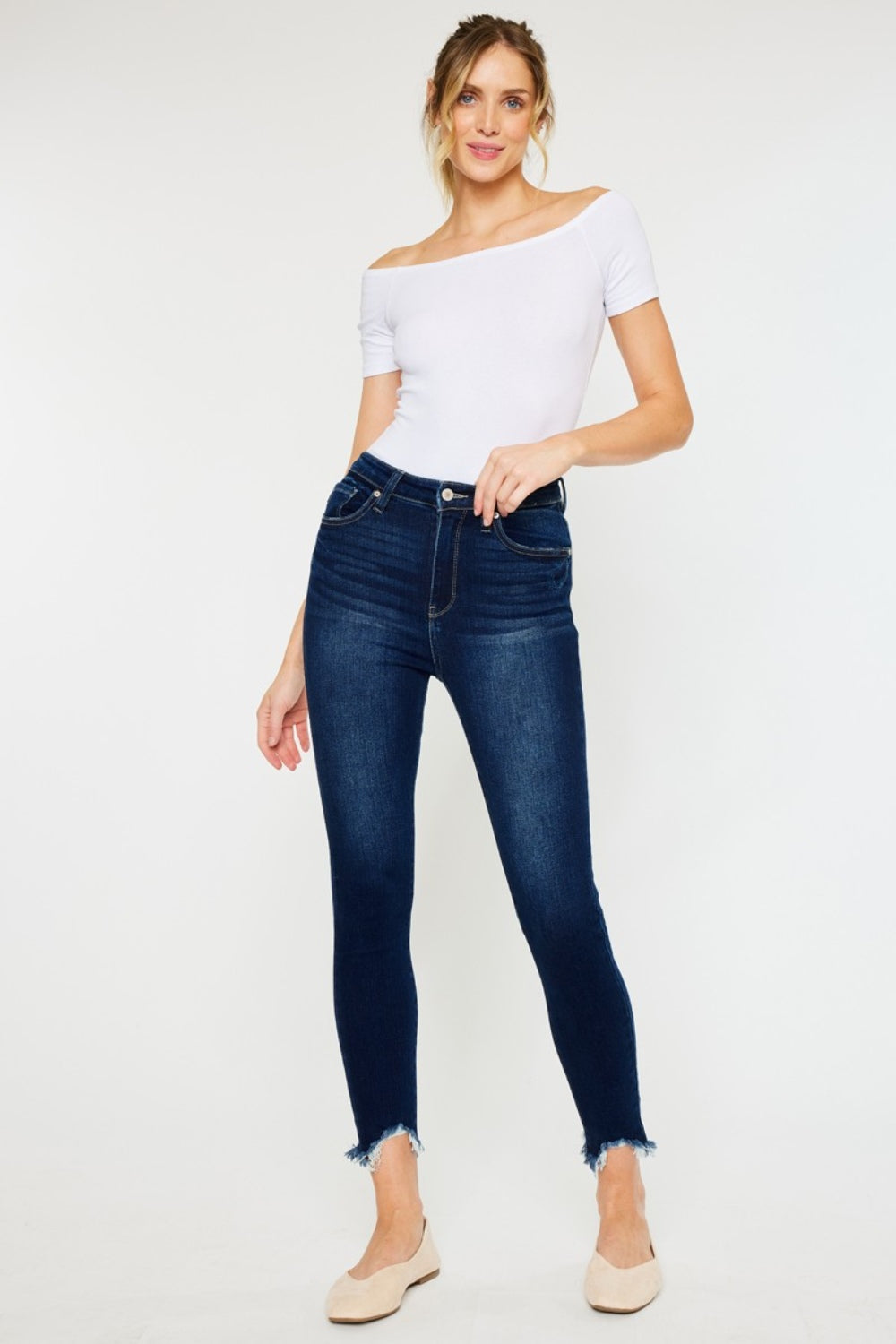 Kan Can High Rise Frayed Ankle Skinny Jeans