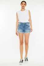 Kan Can High Rise Raw Hem Denim Shorts