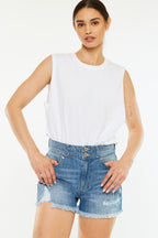 Kan Can High Rise Raw Hem Denim Shorts