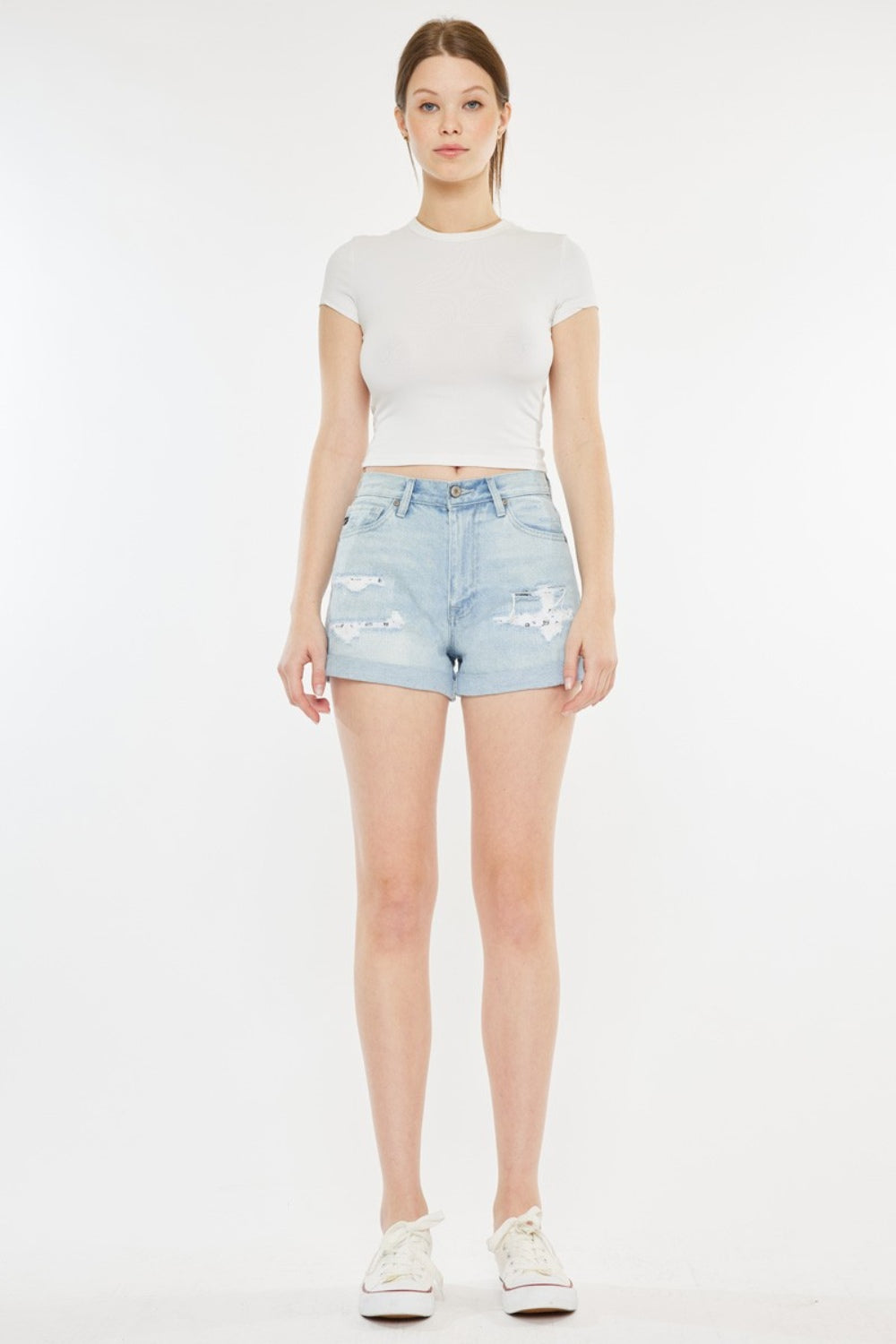 Kan Can High Rise Repaired Mom Denim Shorts