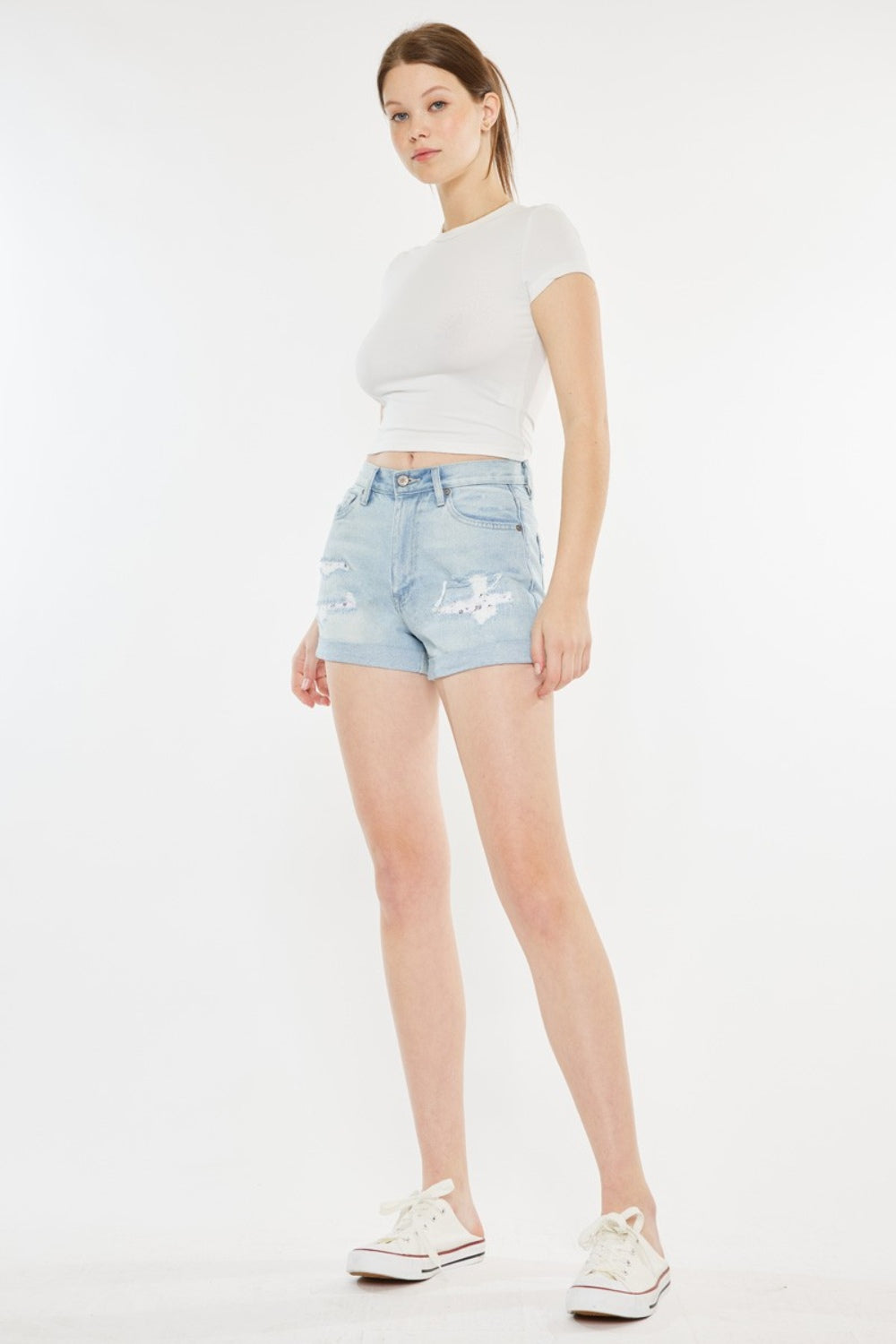 Kan Can High Rise Repaired Mom Denim Shorts