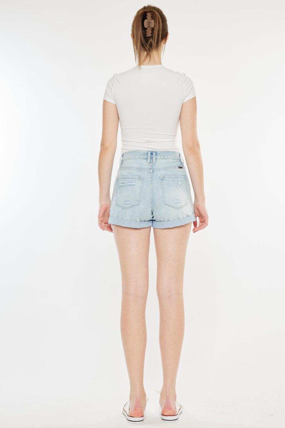Kan Can High Rise Repaired Mom Denim Shorts