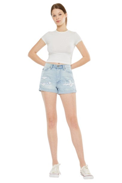Kan Can High Rise Repaired Mom Denim Shorts