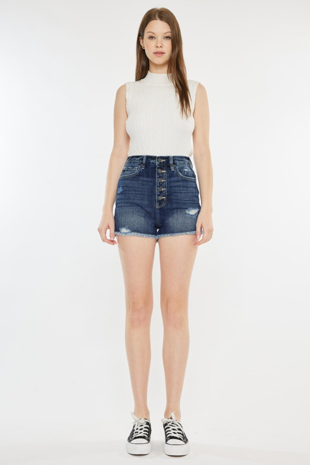 Kan Can Raw Hem Button Fly Denim Shorts