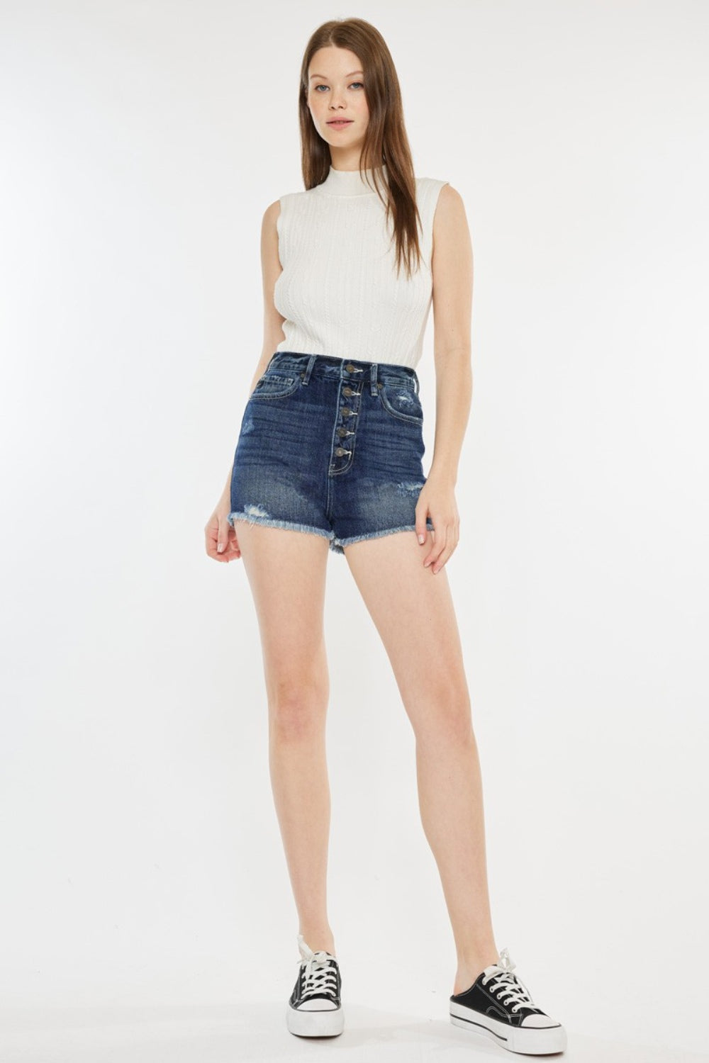 Kan Can Raw Hem Button Fly Denim Shorts