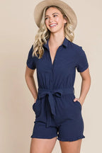 Lime 'N' Chili Collared Button Down Romper with Tie Belt