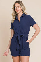 Lime 'N' Chili Collared Button Down Romper with Tie Belt
