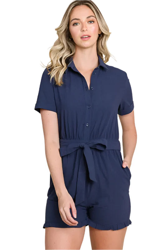 Lime 'N' Chili Collared Button Down Romper with Tie Belt