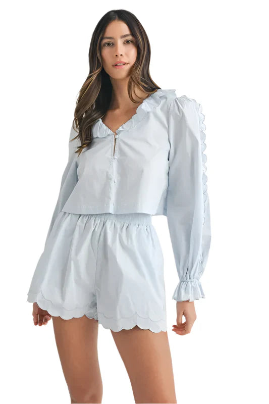 MABLE Long Sleeve Scallop Blouse and Shorts Set