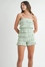 MABLE Pointelle Knit Fabric Ruffled Tube Romper