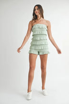 MABLE Pointelle Knit Fabric Ruffled Tube Romper