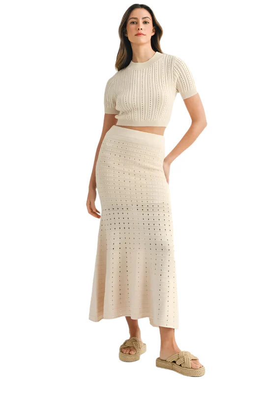 MABLE Pointelle Short Sleeve Crop Top and Slit Skirt Sweater Set