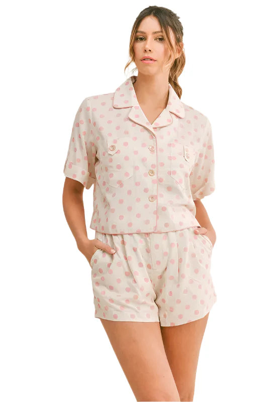 MABLE Polka Dot Collar Crop Top and Short Lounge Set