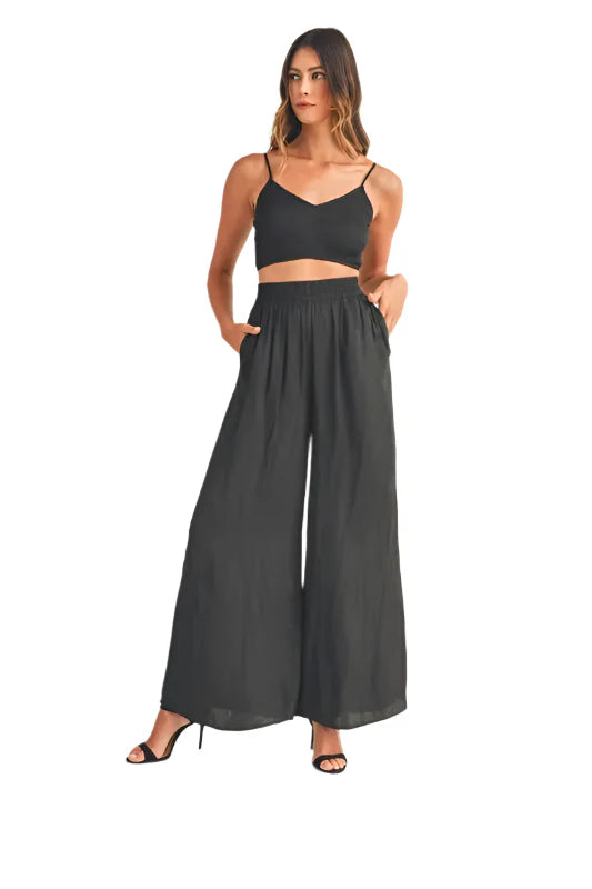 MABLE Smocked Bralette Crop Top and Wide Leg Pants Set