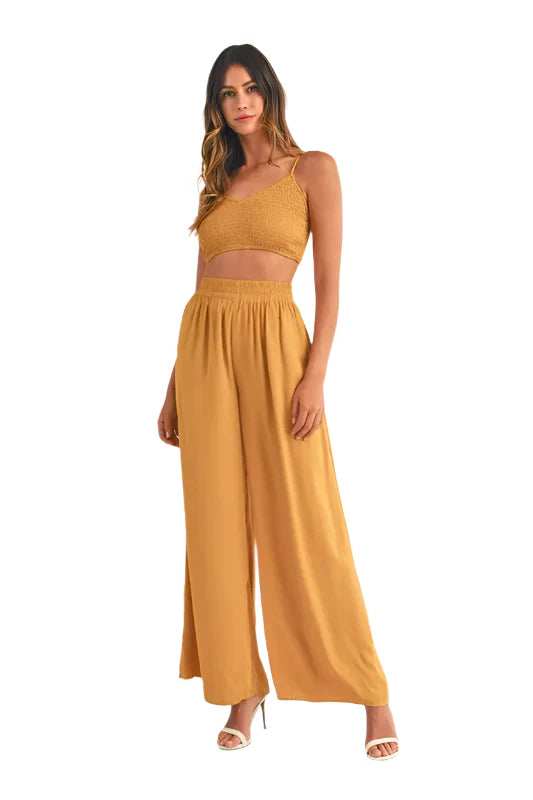 MABLE Smocked Bralette Crop Top and Wide Leg Pants Set