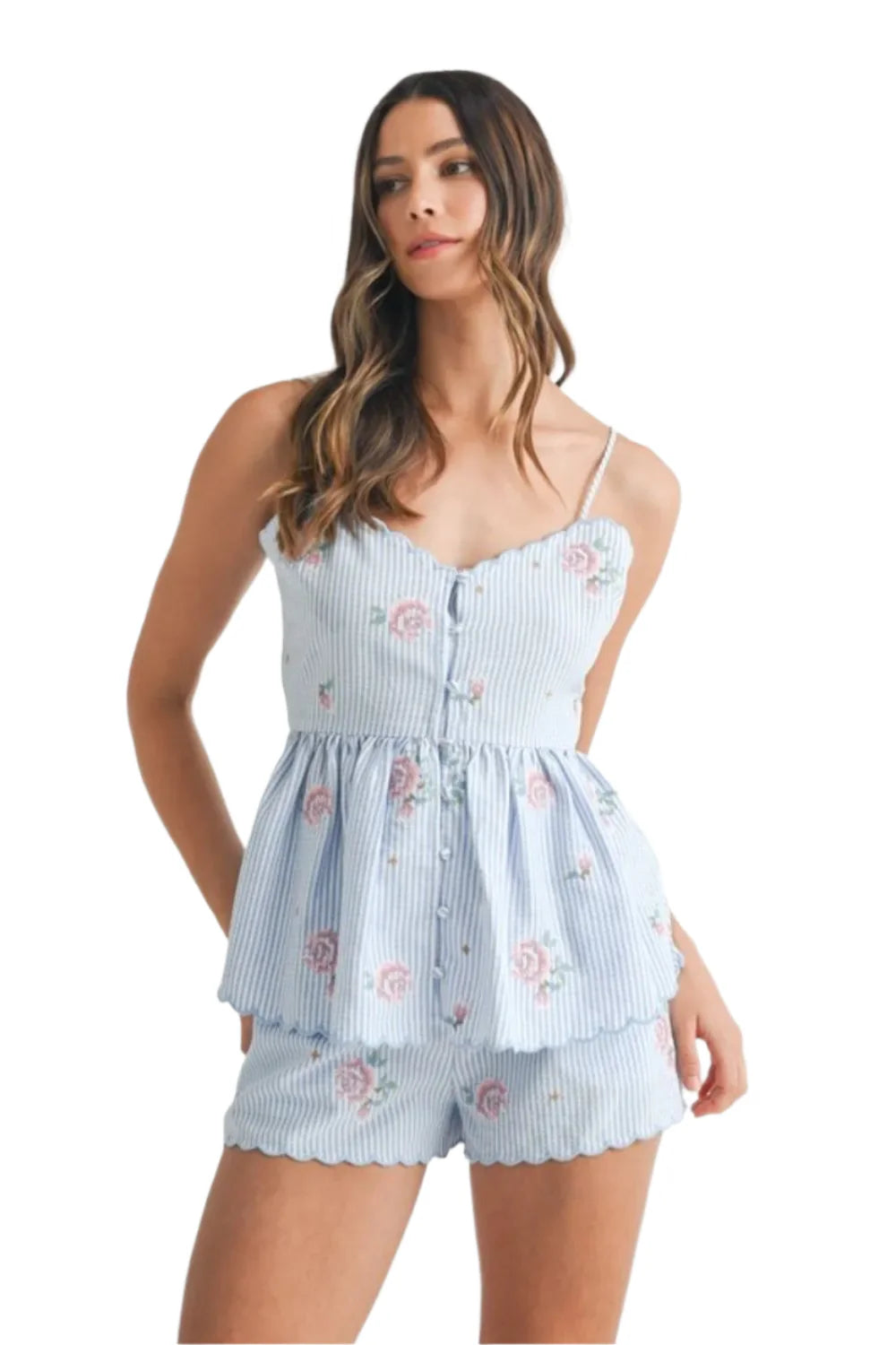 MABLE Stripe Embroidered Peplum Cami and Shorts Set