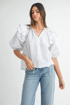 MABLE Stripe Ruffle Shoulder Puff Sleeve Blouse