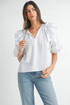 MABLE Stripe Ruffle Shoulder Puff Sleeve Blouse