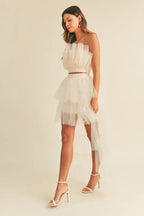 MABLE Tulle Tube Ruffle Crop Top and High Low Maxi Skirt Set