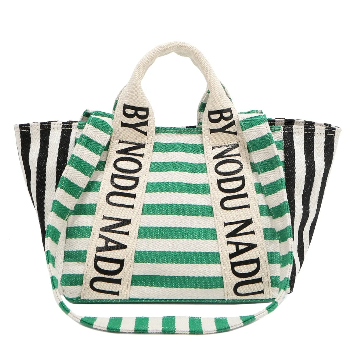 Green and white striped canvas tote bag with By Nicole Lee USA lettering on straps