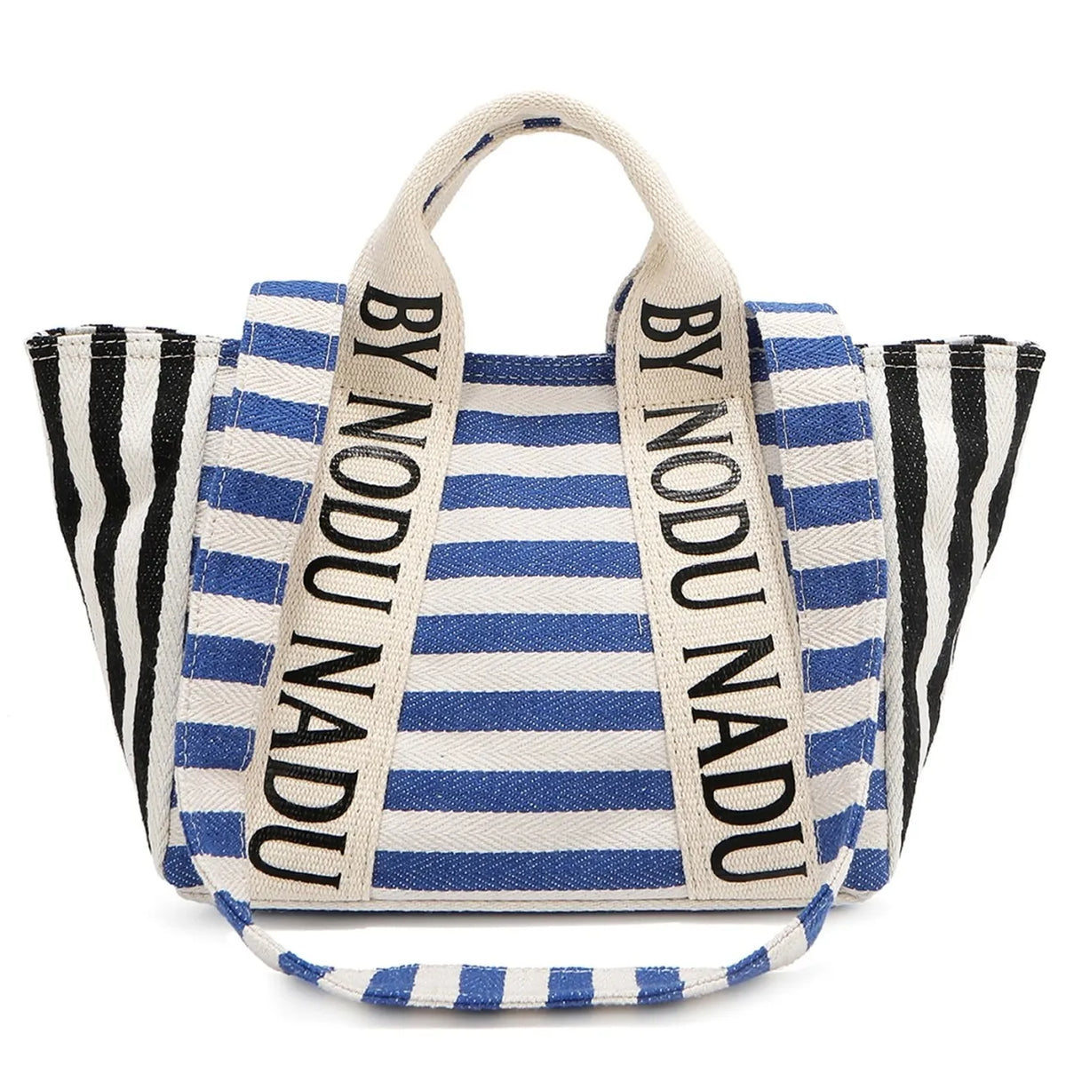 Blue and white striped canvas tote bag with By Nicole Lee USA lettering on front straps