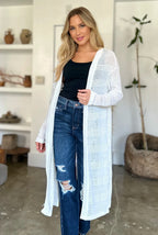 Open front longline cardigan, striped knit, white with light blue bands