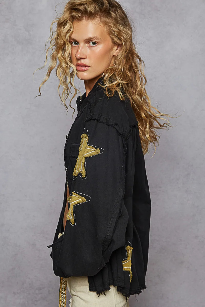Oversized Black Denim Jacket with Gold Star Patches — Bold & Trendy