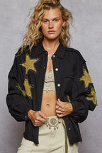 Oversized Black Denim Jacket with Gold Star Patches — Bold & Trendy