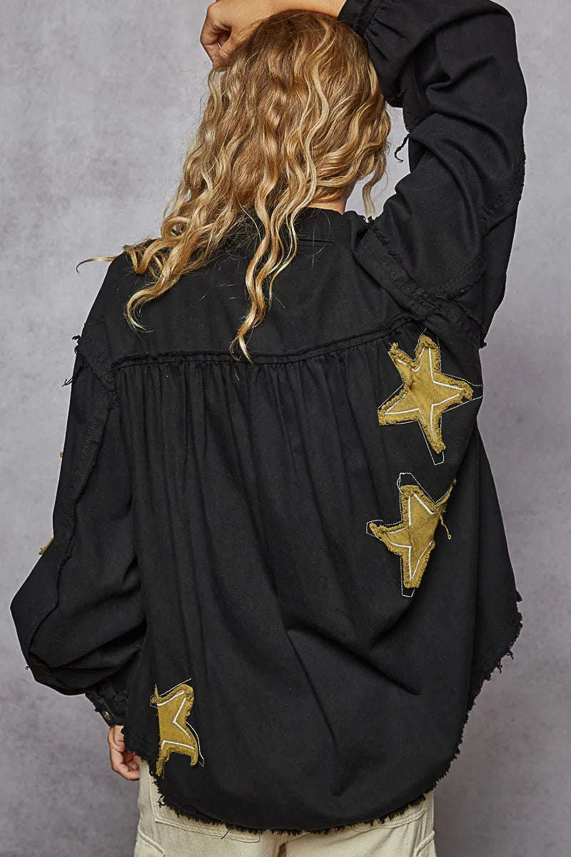 Oversized Black Denim Jacket with Gold Star Patches — Bold & Trendy