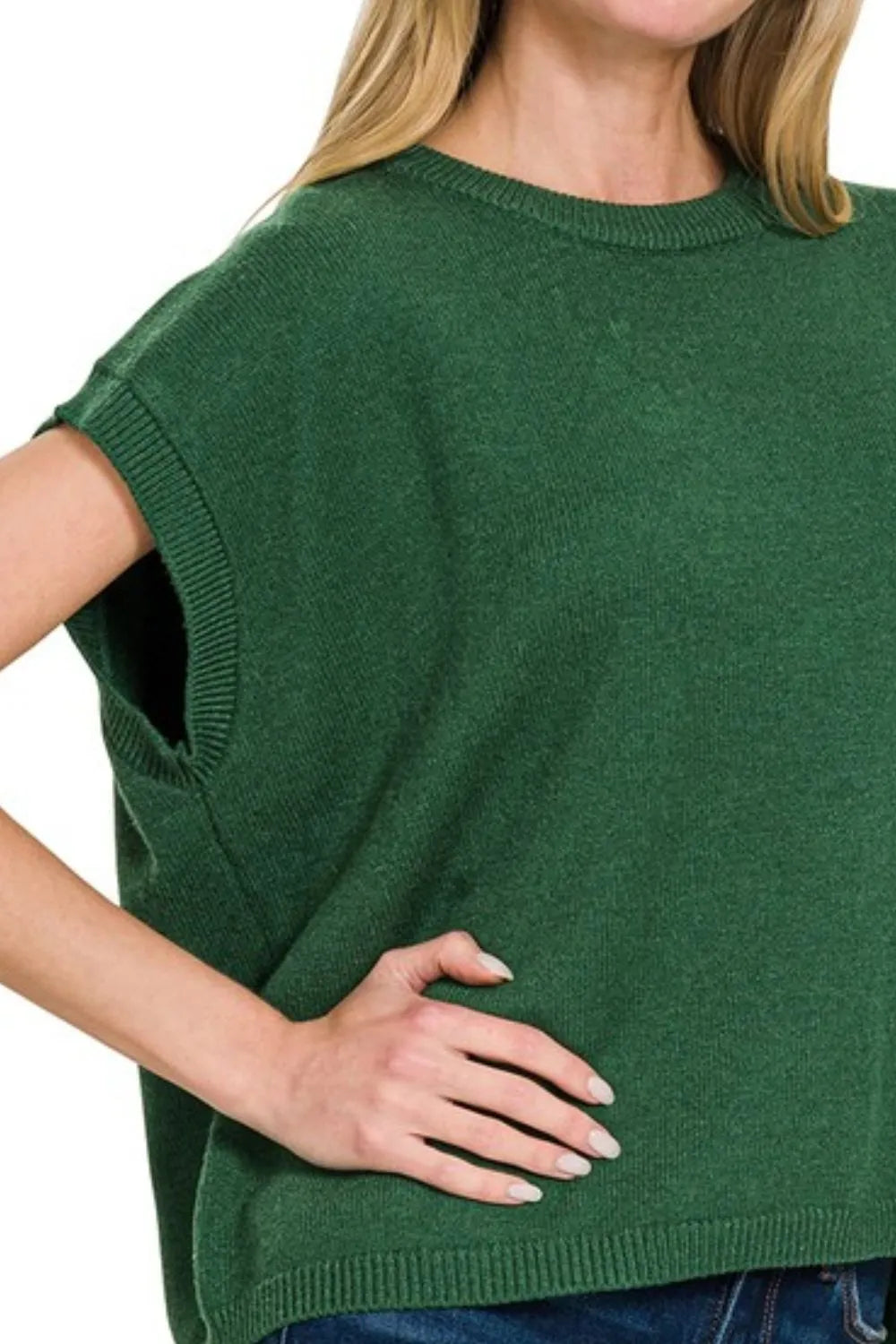 Oversized Green Knit Sweater Vest with Short Sleeves & Crew Neck