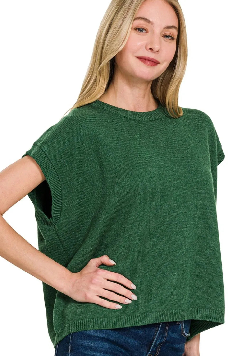 Oversized Green Knit Sweater Vest with Short Sleeves & Crew Neck