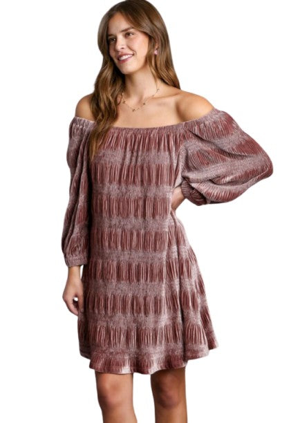 Umgee Off Shoulder Balloon Sleeve Velvet Mini Dress