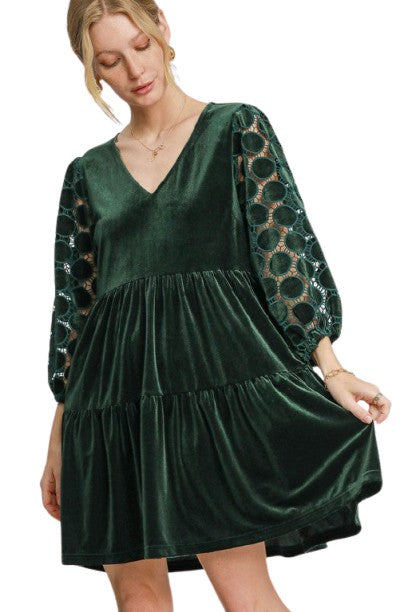 Umgee Dotted Lace Sleeve Tiered Velvet Mini Dress