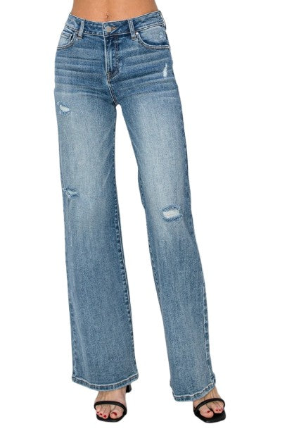 Risen High Waist Distressed Wide Leg Jeans