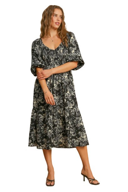 Umgee Ruffle Hem Flower Printed V Neck Dress