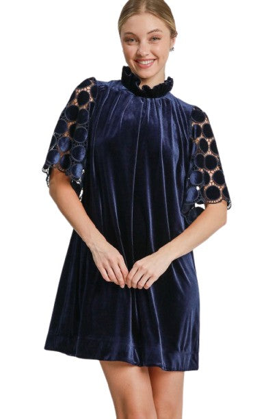 Umgee Dotted Lace Half Sleeve Mock Neck Back Tie Velvet Dress
