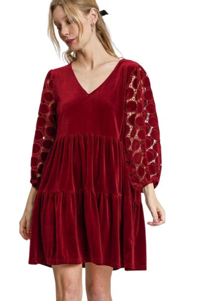 Umgee Dotted Lace Sleeve Tiered Velvet Mini Dress