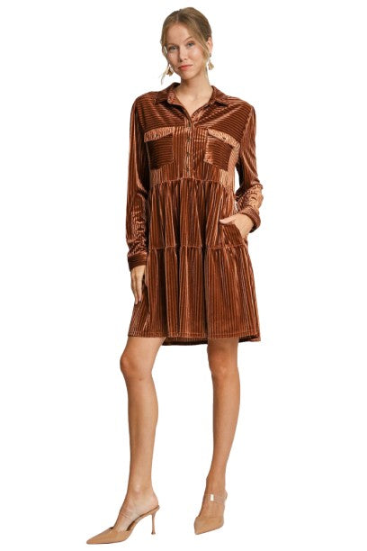 Umgee Texture Tiered Collared Long Sleeve Dress