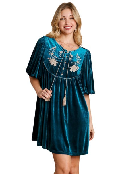 Umgee Embroidered Half Sleeve Velvet Mini Dress with Tassel