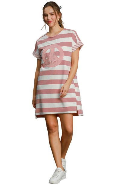 Umgee Peace Applique Striped Short Sleeve Mini Dress