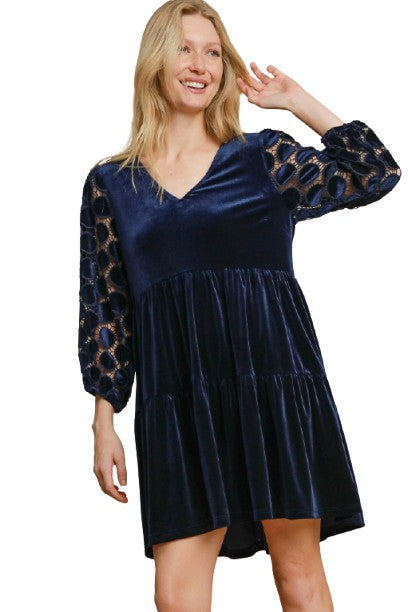 Umgee Dotted Lace Sleeve Tiered Velvet Mini Dress