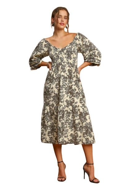 Umgee Ruffle Hem Flower Printed V Neck Dress