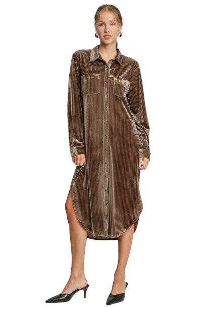 Umgee Texture Curved Hem Button Down Shirt Dress