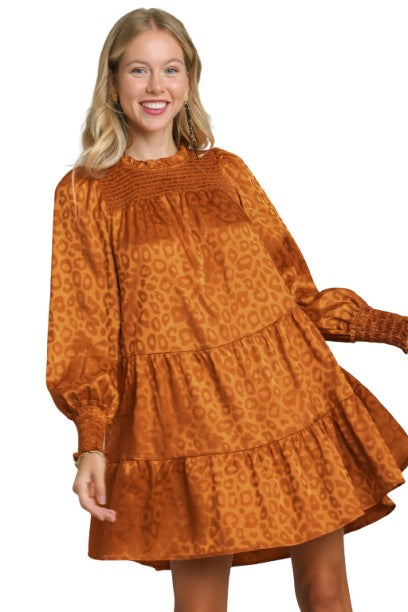 Umgee Smocked Leopard Long Sleeve Tiered Dress