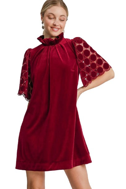 Umgee Dotted Lace Half Sleeve Mock Neck Back Tie Velvet Dress