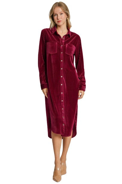 Umgee Texture Curved Hem Button Down Shirt Dress